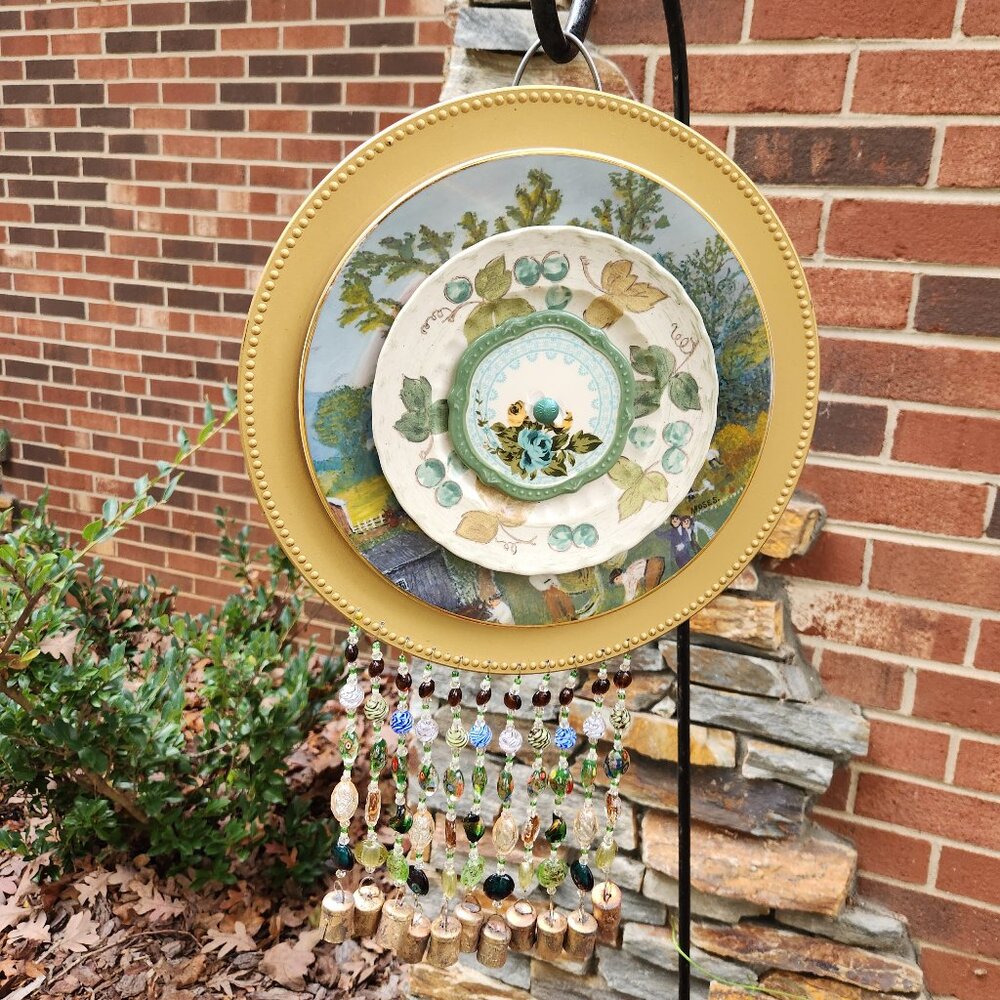 Green Gold Plate Dish Flower Windchime Sun Catcher Lampwork Beads Tin Bells
